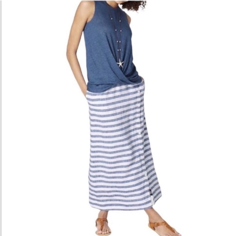 J. Jill Love Linen Seaside Blue White Striped Button A-Line Midi Skirt Sz Medium